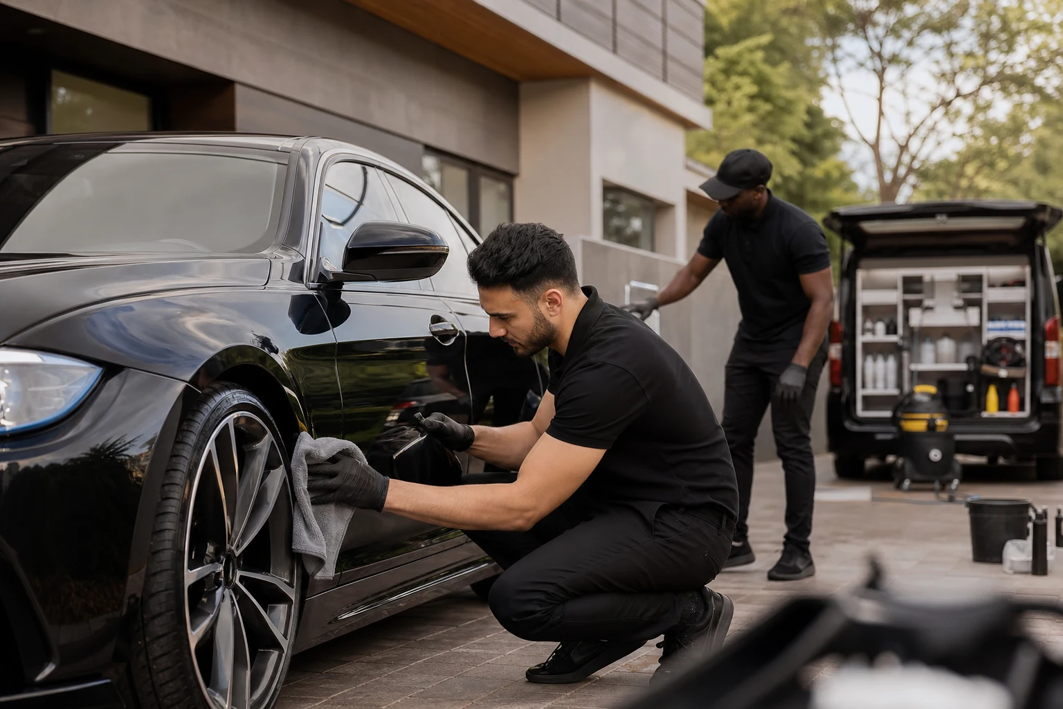 Premium black luxury sedan being professionally detailed in an upscale driveway