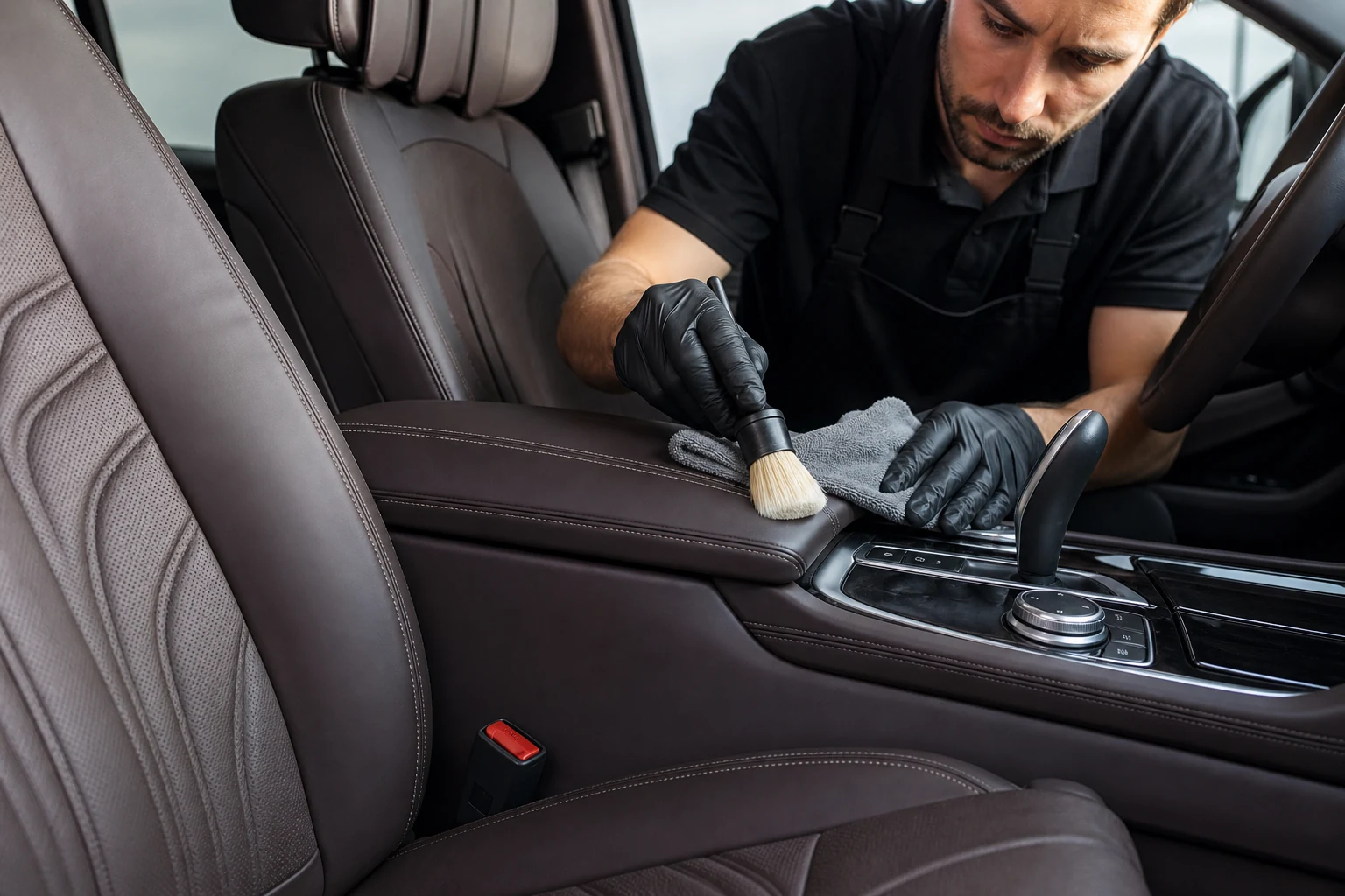 Professional interior detailing of a premium leather vehicle cabin